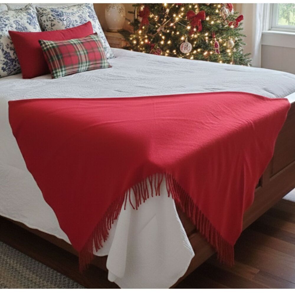 Ralph Lauren Home Red Wool Cashmere Fringe Throw Blanket Cozy Cabin 51x69